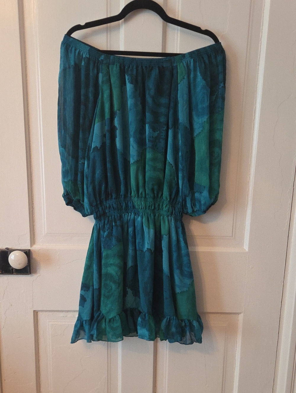 Express Teal Smocked Neck Off The Shoulder Dress
